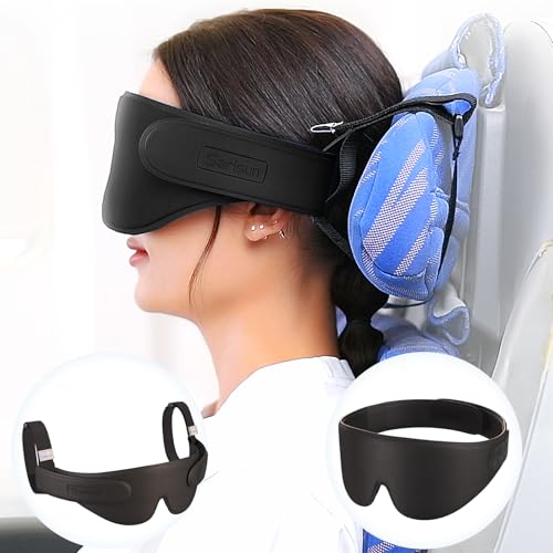 SARISUN Airplane Head Strap 3D Eye Mask, Travel Pillow Alternative for Long Flight, 360° Support Sleep Head Hold, Stop Bobblehead, Ultra-Compact Lightweight Travel Essentials, Black - color: Black