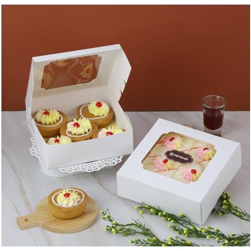 20 Pack Bakery Boxes with Window Small 6x6x2 inch for Cookie, Candy, Pastry, Brownie, Chiffon Cake, Tart, Pie, Waffle (White) - color: White