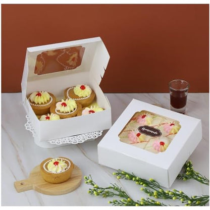 20 Pack Bakery Boxes with Window Small 6x6x2 inch for Cookie, Candy, Pastry, Brownie, Chiffon Cake, Tart, Pie, Waffle (White) - color: White