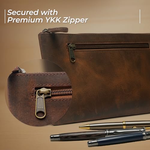 WANDERINGS Genuine Leather Pencil Pouch Case 9" x 5.25" - Hand Crafted Brown Leather Zipper Pouch - Slim Pencil Case Holder for Men and Women - Pencil Bag for Artists Students Professionals - size: Regular (9"x5.25")