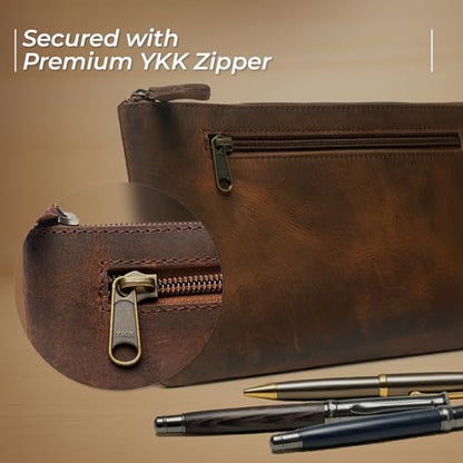 WANDERINGS Genuine Leather Pencil Pouch Case 9" x 5.25" - Hand Crafted Brown Leather Zipper Pouch - Slim Pencil Case Holder for Men and Women - Pencil Bag for Artists Students Professionals - size: Regular (9"x5.25")