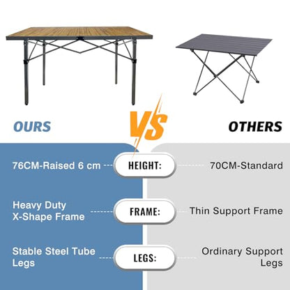 29.9" Tall Folding Camping Table for 2-6 Person, 54.7" Large Aluminum Foldable Roll-up Table Outdoor with Carry Bag for Picnic, Camp, Sturdy, Backyard, Patio - color: Natural