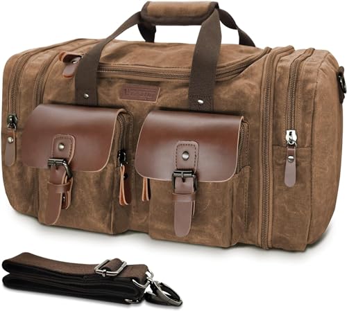 Wildroad Waxed Canvas Duffle Bag - 60L Waterproof Genuine Leather Weekender Overnight Travel Hand Bag - color: Vintage Dark Brown, size: X Large-60L Duffle Bag