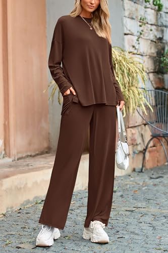 PRETTYGARDEN Women's Two Piece Lounge Sets Matching Long Sleeve Shirts Wide Leg Pants Tracksuits Travel Outfits Fall Clothes - color: Light Coffee, size: Medium