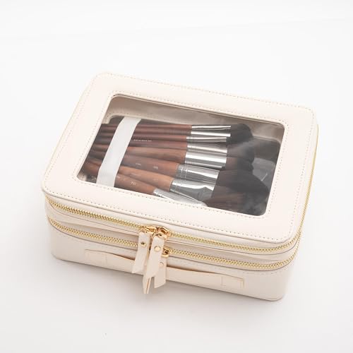 Aveniee Clear Makeup Bags, Double Layer Cosmetic Case with Separate Brush Compartment, Large Toiletry Organizer for Women, Travel Accessories Holder(2 Layers Large, White) - color: Off-White, style: Dual Layer Large