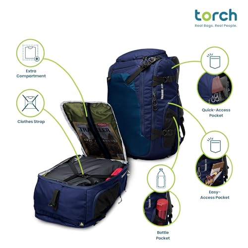 torch Travel Backpack 40L – TSA Friendly Flight Approved, Carry-On Waterproof Hiking Daypack with Rain Cover – Lightweight Rucksack for Camping, Trekking, Outdoor Adventures – Takahagi(Blue)