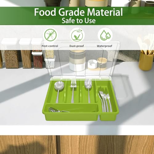 Utensil Holder for Countertop with Lid, Plastic Silverware Tray for Drawer (Green) - color: Green