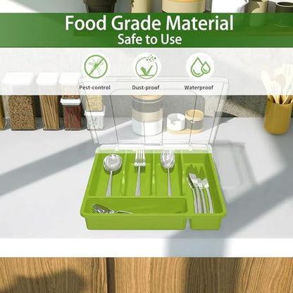Utensil Holder for Countertop with Lid, Plastic Silverware Tray for Drawer (Green) - color: Green