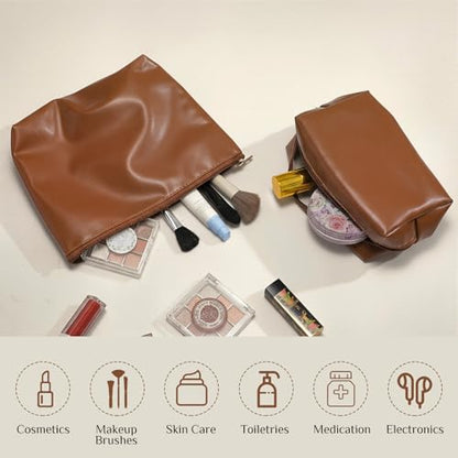 Kigeli 2 Pcs PU Leather Makeup Bag Set for Women Waterproof Aesthetic Cosmetic Bag Large & Small Travel Toiletry Organizer Pouch Skincare Organizer Bridesmaid Mother's Day Birthday Gift(Brown) - color: Brown