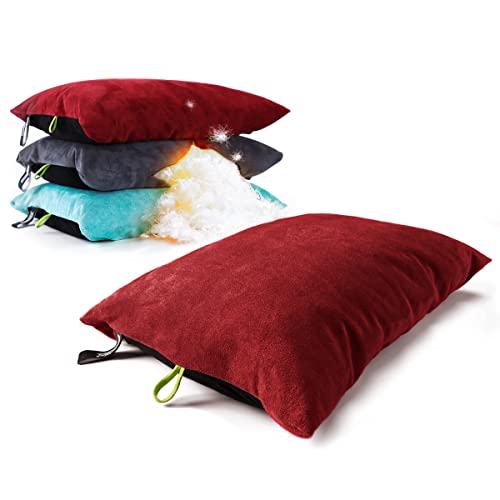 ZOOOBELIVES Down Filled Camping Pillow for Travel, Washable Soft Cover, Small Camp Cushion for Neck & Lumbar Support On-The-Go, Ultralight & Compressible for Hiking Backpacking - AlpliveS2046 - color: Red Dahlia
