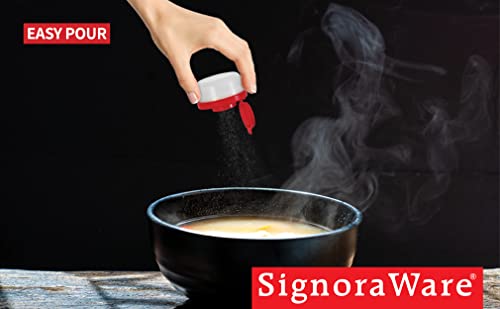 SIGNORAWARE Salt and Pepper Shakers Moisture Proof Set of 4 Small Mini Salt Shaker to go Camping Picnic Outdoors Kitchen Lunch Boxes Travel Spice Set Clear with Red Covers Plastic Airtight Dispenser - size: Small, 4 pack