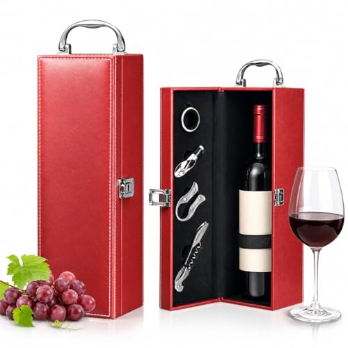 Bottle Wine Carrier, Leather Wine Gift Boxes, Gifts for Wedding, Anniversary, Travel, Party, Storage Box for Home Bar Collection With 4pcs Accessories Set (Red)