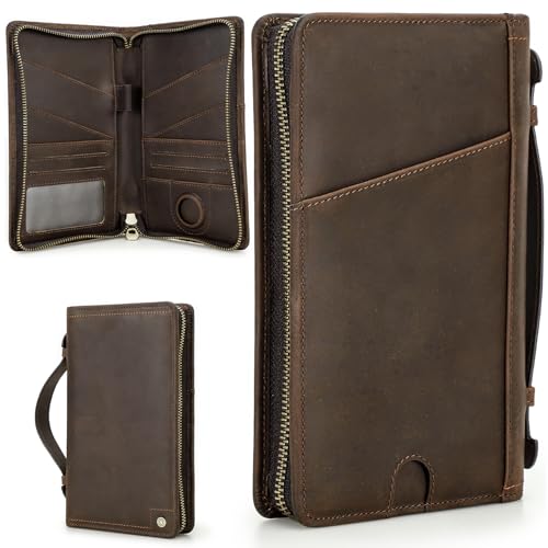 Top Grain Leather Travel Passport Wallet Holder Case for Man & Woman, Handmade for 4 Passports & Multi Cards, RFID Blocking Large Capacity for Cards/Passports/Tickets/AirTag, Matte Coffee - color: AirTag Slot-Matte Coffee, size: For 4 Passports-Zipper Sty