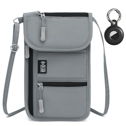 RFID Blocking Passport Holder for Travel with Tracker Case, Neck Wallet with Adjustable Lanyard 6 Compartments Pouches Passport Wallet for Family (Grey) - color: RFID Blocking with Tracker Case, Grey