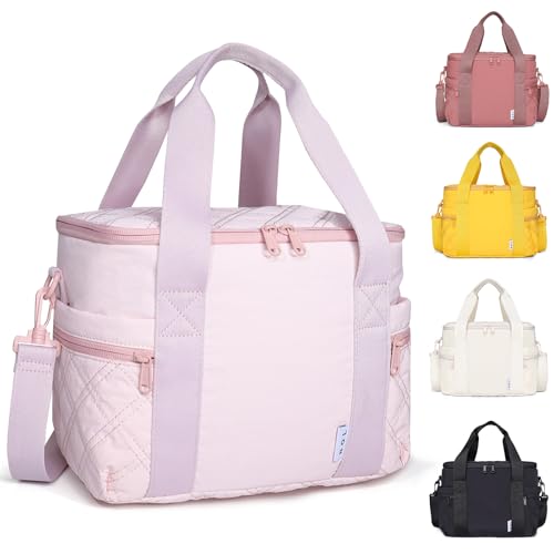 NOL Natural Organic Lifestyle Women's Nylon Lunch Cooler Cute Quilted Lunch Bag Large Leakproof Insulated Lunch Tote Bag for Work Picnic Travel,Pink - color: Pink, size: Medium