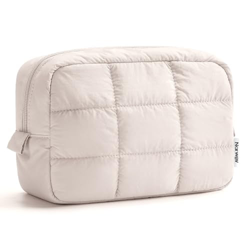 Narwey Puffer Travel Makeup Bag for Women Girl, Quilted Puffy Cosmetic Bag Make Up Bag Organizer, Cute Travel Toiletry Bag for Toiletries (Beige) - color: Beige
