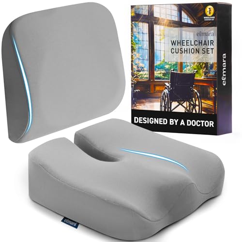 Elmara Doctor-Designed Wheelchair Seat Cushion Set – The Ultimate Comfort Solution – Thick Wheelchair Cushions Relieve Back & Sciatica Pain – Wheel Chair Cushions for Seniors, Wheelchair Pad (Gray) - color: Gray