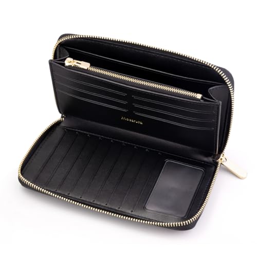 Luxury Real Leather Zip Around Travel Wallet | Large Capicity Card Holder Organizer | Classic Phone Clutch for Men Women (Black - Saffiano Leather) - color: Black - Saffiano Leather