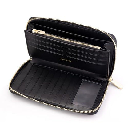Luxury Real Leather Zip Around Travel Wallet | Large Capicity Card Holder Organizer | Classic Phone Clutch for Men Women (Black - Saffiano Leather) - color: Black - Saffiano Leather