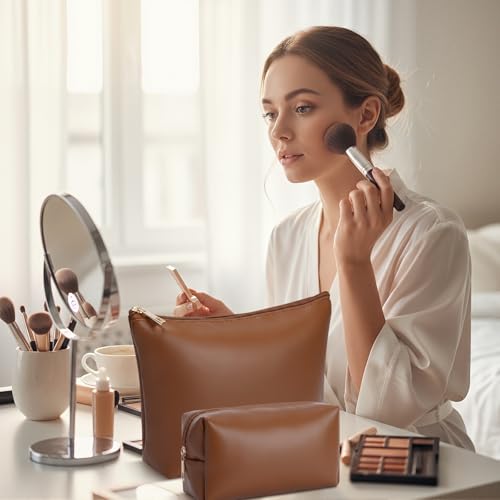 Kigeli 2 Pcs PU Leather Makeup Bag Set for Women Waterproof Aesthetic Cosmetic Bag Large & Small Travel Toiletry Organizer Pouch Skincare Organizer Bridesmaid Mother's Day Birthday Gift(Brown) - color: Brown
