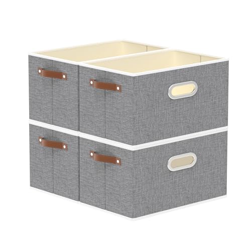 Yawinhe Fabric Storage Baskets, Foldable Closet Organizer for Shelves, Large Boxes with 3 Handles, Canvas Bins for Clothes, Grey, 12.99''Lx9.05''Wx7.87''H, 4-Pack - color: Grey, size: 12.99x9.05x7.87in/4-Pack