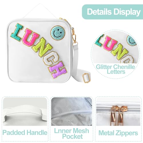 Insulated Lunch Bag With Adjustable Shoulder Strap, Nylon Preppy Lunch Box Large Insulated Lunch Bag Reusable Lunch Tote Bag with Smiley Preppy LunchBag for Girls School Travel Picnic (White) - color: White