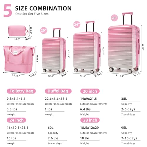 LARVENDER Luggage Sets 5 Piece Hardside Expandable Suitcase with Wheels Lock,PC+ABS Hardside Lightweight Rolling Suitcase for Women and Men,Peach Sparkling - color: Peach Sparkling, size: 5 Piece Set (20/24/28/DB/TB)