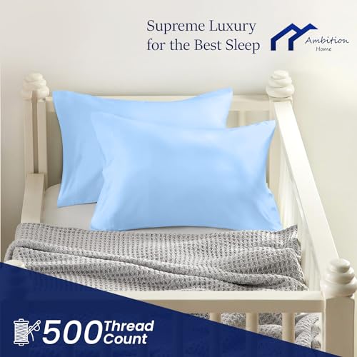 Egyptian Cotton Youth Pillowcase 16 x 22 Inch with Hidden Zipper Closure Set of 2 Travel Pillow Cover 500 Thread Count 100% Soft Light Blue - color: Light Blue, size: Youth 16x22