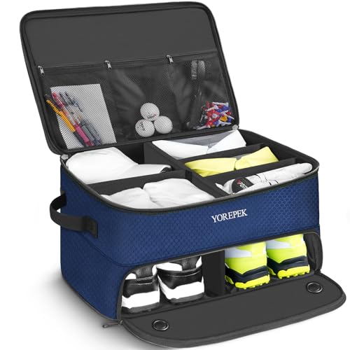 YOREPEK 2 Layer Golf Trunk Organizer, Golf Gifts for Men with Separate Ventilated Compartment for 2 Pair Shoes, Waterproof Car Trunk Locker for Balls, Tees, Clothes, Gloves, Gifts for Golfers - color: Standard-Blue