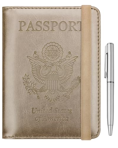WALNEW Passport Holder for Travel, RFID Passport Cover Wallet for Women Men, PU Leather Passport Book Card Holder Case with Pen, Travelling Essentials for Flying - color: A-Gold, style: Elastic Band Closure