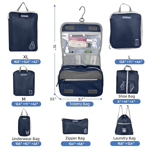 8 Set Expandable Compression Packing Cubes for Suitcases Travel Essentials Carry On Waterproof Storage Bag With Dry And Wet Separation Dark Blue - color: Dark-Blue