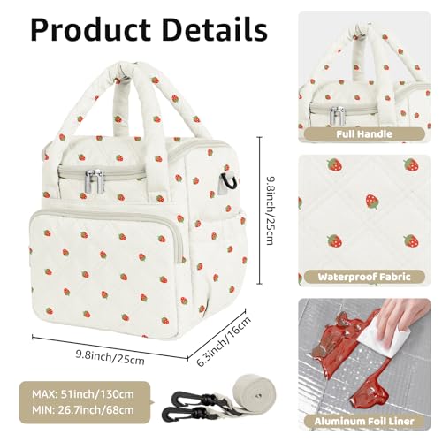 Women's Insulated Lunch Tote Bag - Inch Quilted Lunch Box for Women, Large Waterproof Cooler Bag with Pockets for Work, Picnic, Adult (strawberry) - color: Strawberry