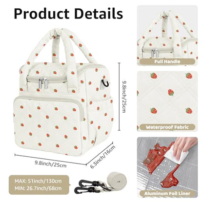 Women's Insulated Lunch Tote Bag - Inch Quilted Lunch Box for Women, Large Waterproof Cooler Bag with Pockets for Work, Picnic, Adult (strawberry) - color: Strawberry