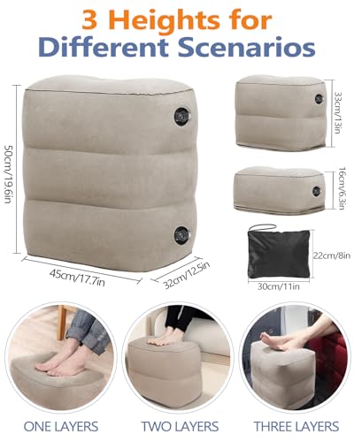 YSJILIDE Inflatable Travel Foot Rest Pillow, Travel foorest Pillow for Kids/Adults, Adjustable 3 Layers Height Leg Rest Pillow, Great for Living Room, Train, car (2 Pack)