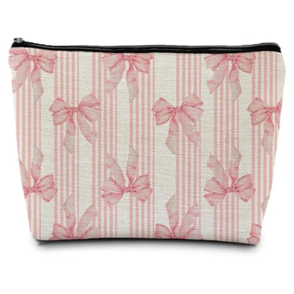 Coquette Pink Bow Makeup Bag, Coquette Gifts Supplies Cosmetic Bags for Women, Pink Preppy Striped Canvas Cheer Zipper Makeup Bag Pouches for Purse - color: Pink Bow