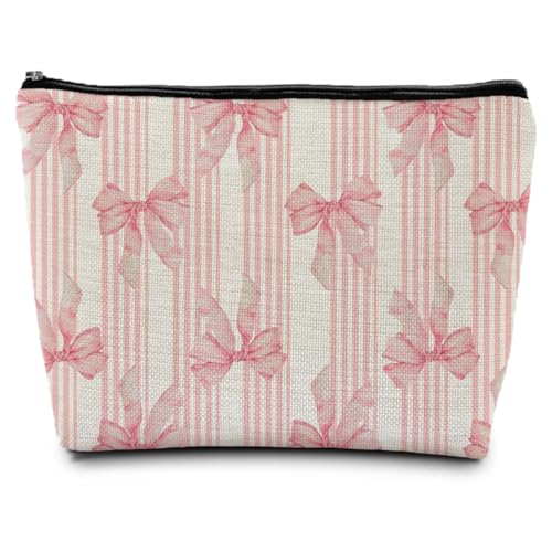 Coquette Pink Bow Makeup Bag, Coquette Gifts Supplies Cosmetic Bags for Women, Pink Preppy Striped Canvas Cheer Zipper Makeup Bag Pouches for Purse - color: Pink Bow