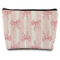 Coquette Pink Bow Makeup Bag, Coquette Gifts Supplies Cosmetic Bags for Women, Pink Preppy Striped Canvas Cheer Zipper Makeup Bag Pouches for Purse - color: Pink Bow