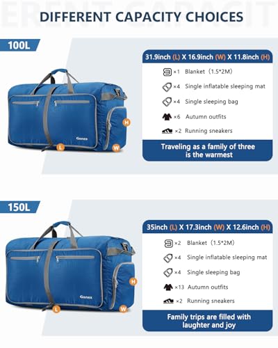 Gonex Large Foldable Travel Duffle Bag with Shoes Compartment, Packable Lightweight Water Repellent Duffel Bag for Camping Gym Weekender Bag - color: Deep Blue, size: 100L