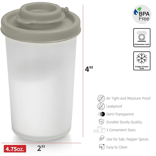 SIGNORAWARE Salt and Pepper Shakers Moisture Proof Set of 2 Large Salt Shaker to go Camping Picnic Outdoors Kitchen Lunch Boxes Travel Spice Set Clear with Grey Covers Lids Plastic Airtight Dispenser - color: Gray