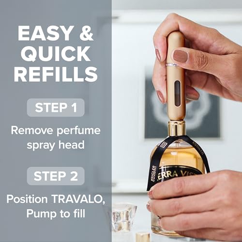 Travalo Classic HD Perfume Atomizer - Leak-Proof and TSA Approved for Air Travel - Reusable, Airtight, Easy-Fill Mini Pump Sprayer - Lightweight, Elegant Design w/Volume Window - Gold 0.17oz - color: Gold