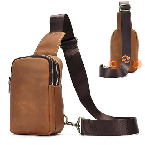 Genuine Leather Sling Bags for Men Crossbody Purse Vintage Small Messenger Shoulder Bag for Phone Side Chest Daypack Bag - color: 9198-brown