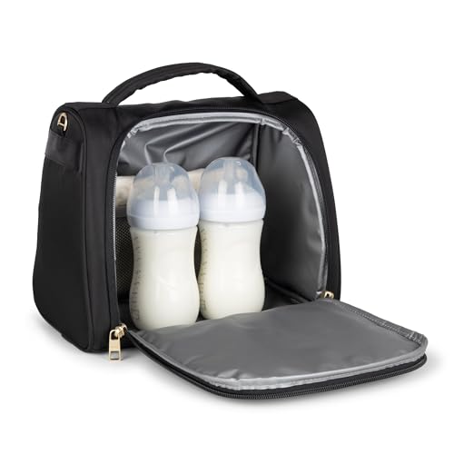 JuJuBe Insulated Bottle Bag, Breastmilk Cooler, Fits 3 Baby Bottles, Storage Tote for Nursing Mom, Daycare & Travel, Lunch Bag w/Handle & Shoulder Strap (Black) - color: Black