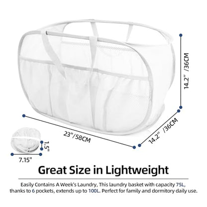 2 Pack Collapsible Laundry Baskets, Upgrade Pop Up Laundry Hamper with Convenient Bags, Foldable Laundry Basket Mesh Light Weight, Easy to Carry Clothes Hampers for Laundry, Dorm, Toys, Travel White - color: 2xWhite