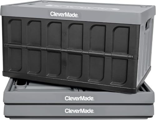 CleverMade Collapsible Storage Bins with Lids (46L, 3 Pack) – Stackable Foldable Plastic Storage Crates for Home, Closet & Trunk Organization - Stone - color: Stone, size: 46L - 3 Pack