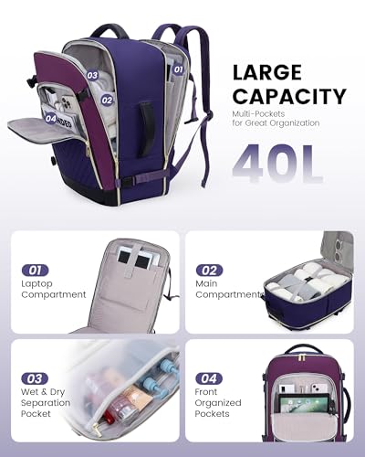 LOVEVOOK Large Travel Backpack for Women, TSA Carry on Backpack for Airplanes, 40L Personal Item Travel Bag for Women fits 17" Laptop,Waterproof Carry on Bag Airplane Approved with 3 Packing Cubes - color: Blue Purple - Purple - Black, size: 40L-4Pcs