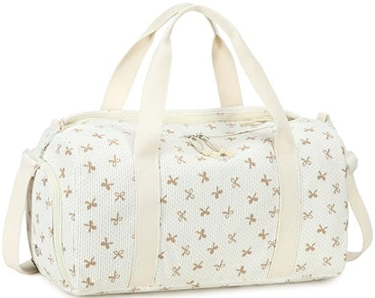 Gym Bag Sports Duffle Bag with Wet Pocket Weekender Overnight Bags with Waterproof Shoe Pouch and Air Hole for Girls Kids Women Workout Travel Bags (Brown Bow - Beige) - color: Brown Bow - Beige
