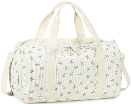 Gym Bag Sports Duffle Bag with Wet Pocket Weekender Overnight Bags with Waterproof Shoe Pouch and Air Hole for Girls Kids Women Workout Travel Bags (Brown Bow - Beige) - color: Brown Bow - Beige