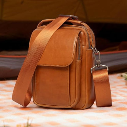Augus Leather Small Messenger Bag For Men Crossbody Handbag Shoulder Sling Travel Bags for Men Purse Daypack Magnetic Buckle - color: Light Brown