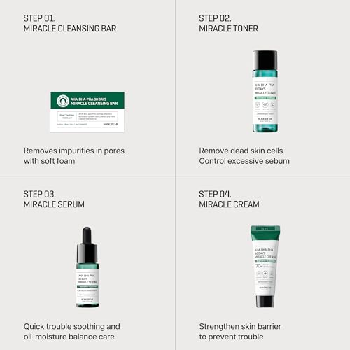 SOME BY MI AHA BHA PHA 30Days Starter Kit - Toner 1.01Oz, Serum 0.33Oz, Cream 0.7Oz, Cleansing Bar 1.05Oz - Mild Exfoliating Daily Skin Care Set - Skin Wastes, Sebum, Oiliness Care - Korean Skin Care - color: Miracle Kit with Bar