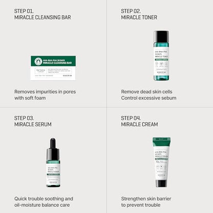 SOME BY MI AHA BHA PHA 30Days Starter Kit - Toner 1.01Oz, Serum 0.33Oz, Cream 0.7Oz, Cleansing Bar 1.05Oz - Mild Exfoliating Daily Skin Care Set - Skin Wastes, Sebum, Oiliness Care - Korean Skin Care - color: Miracle Kit with Bar